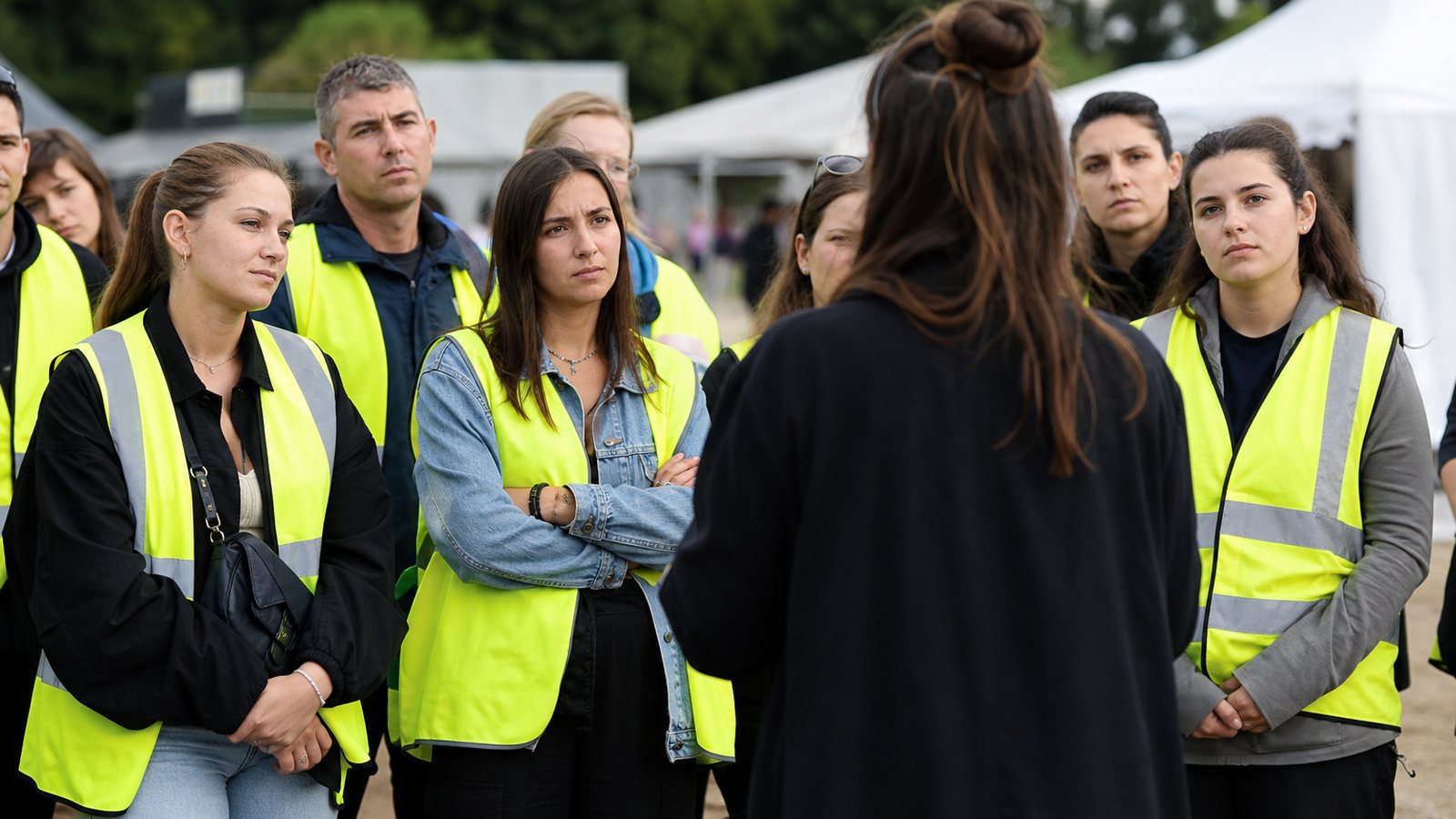Responsable accueillant et briefant un groupe de bénévoles avant l'ouverture de l'événement