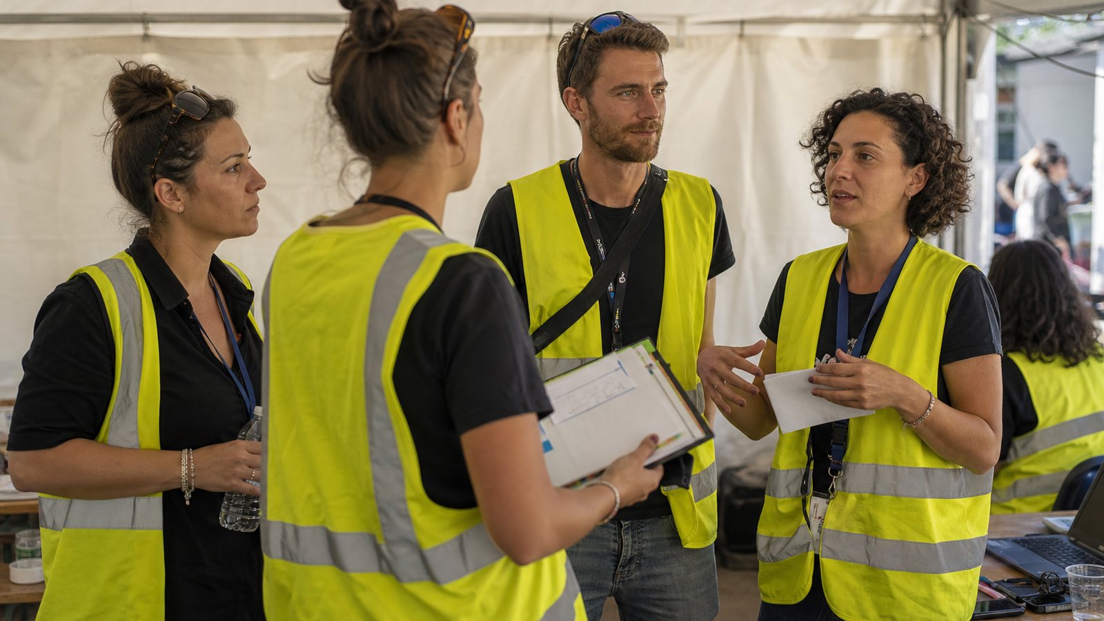 Coordinateur réunissant les bénévoles pour transmettre les consignes avant l'événement