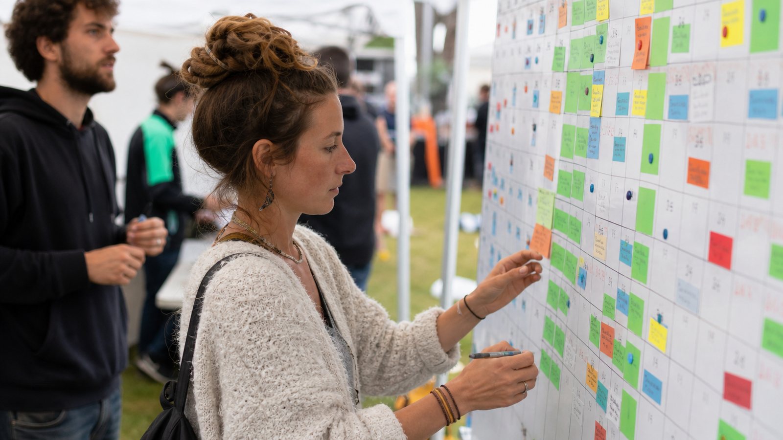 Tableau de planification des postes et créneaux couvert de notes avant un événement